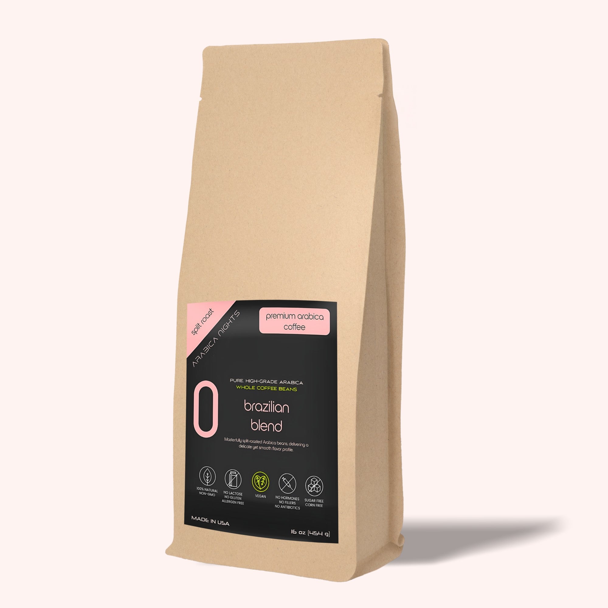 Brazilian blend split-roasted Arabica coffee beans in 16 oz bag, perfect for any espresso.