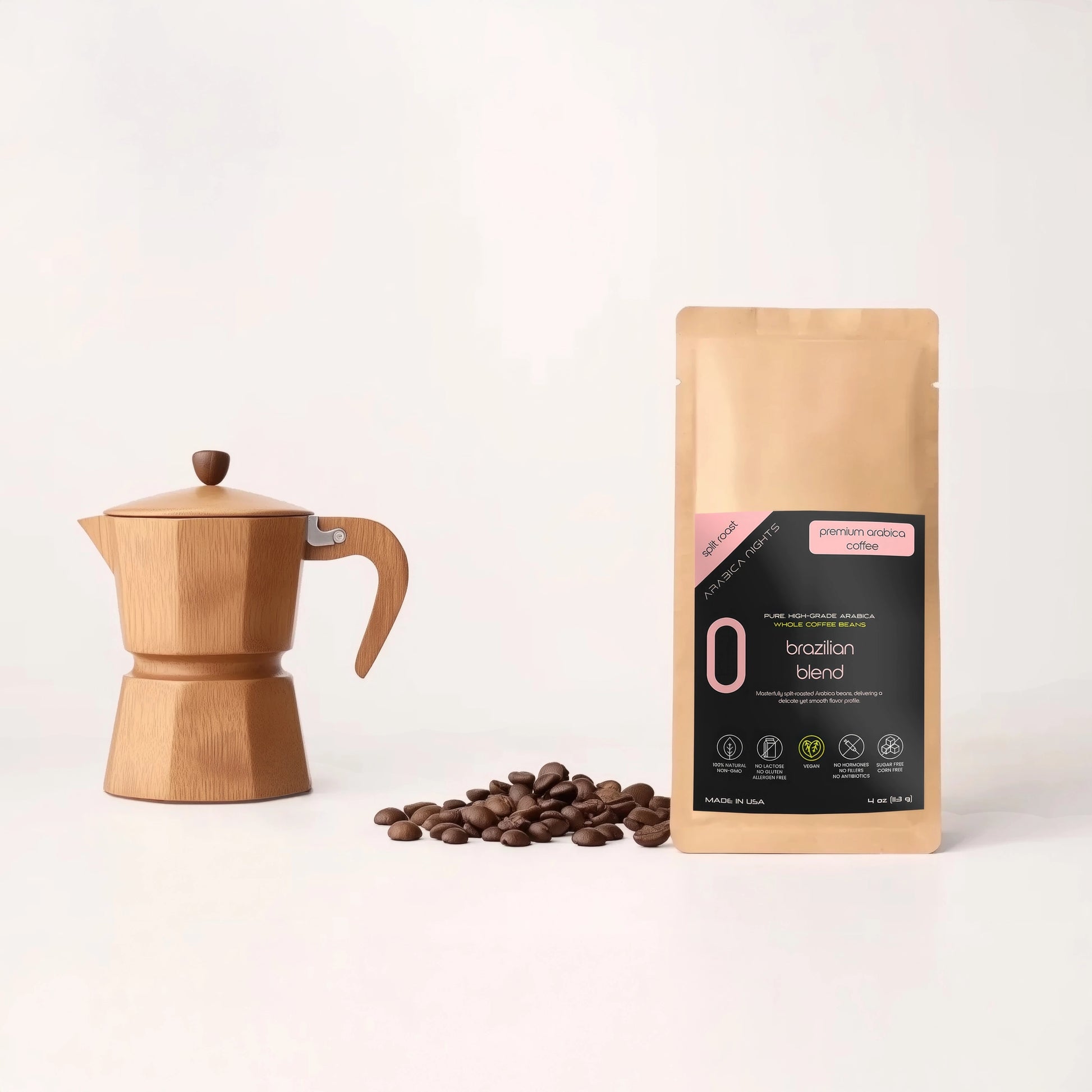 Premium grade and masterfully split-roasted Brazilian blend Arabica coffee beans, perfect for any occasion.