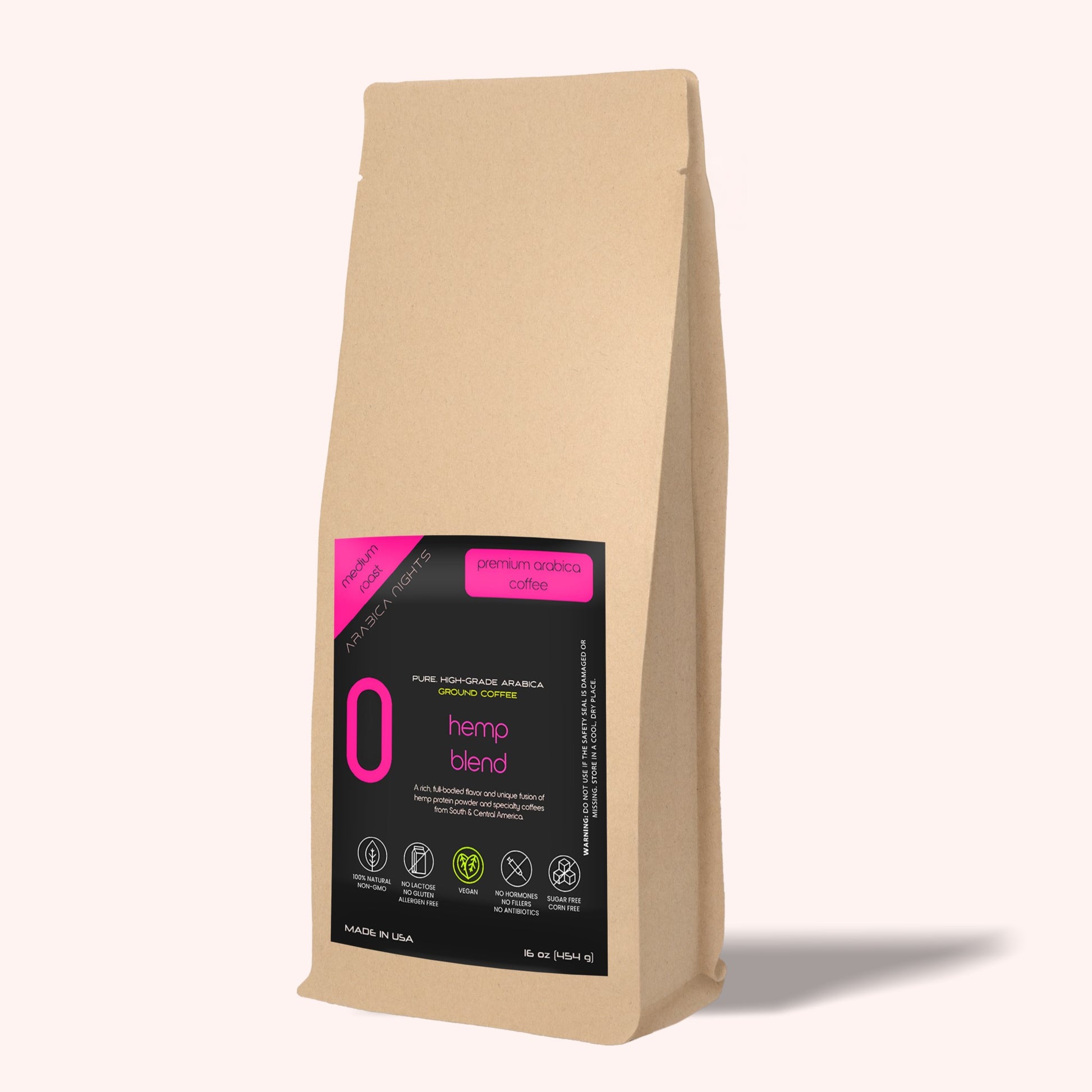 A fusion of Arabica coffee beans hemp and organic protein powder in 16 oz bag, for coffee lovers seeking something special.

