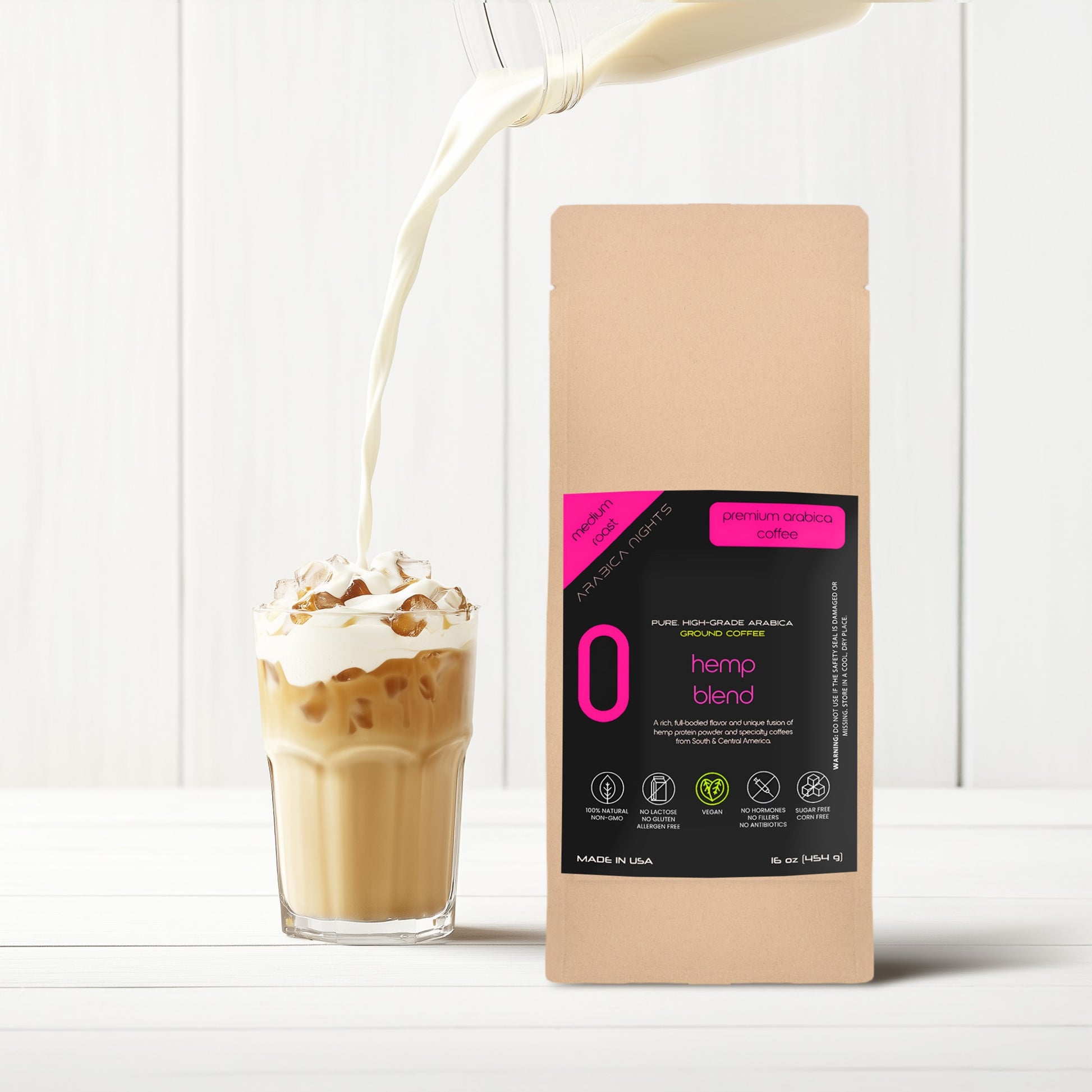 Unique fusion of hemp protein powder and Arabica coffee beans, for a rich nutty flavor healthy and sustainable brew