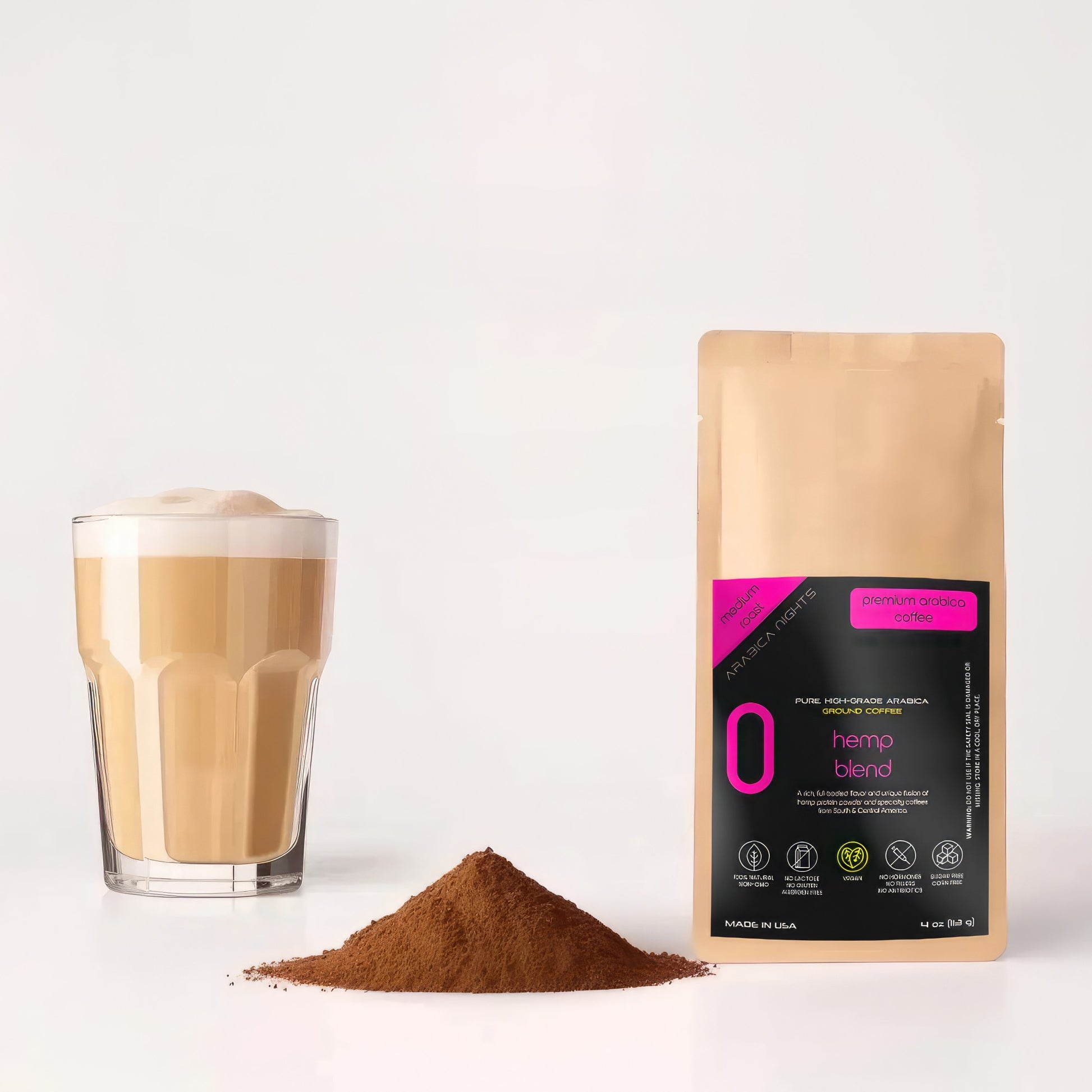 Unique fusion of organic hemp and medium roasted Arabica ground coffee in 4 oa bag, for a delicious taste