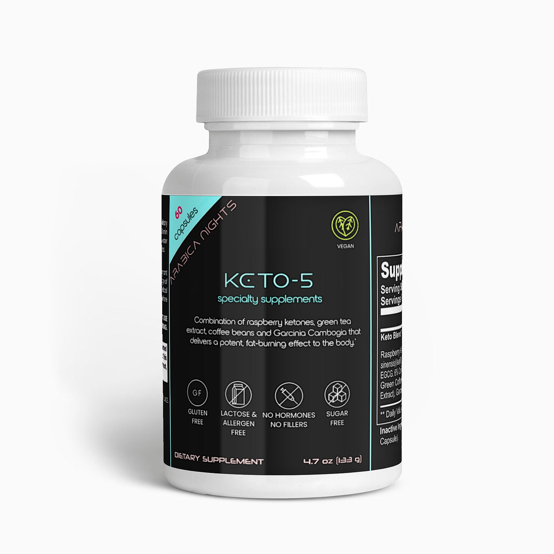 Keto-5 is potent combination of raspberry ketones, green tea extract, coffee beans and Garcinia Cambogia