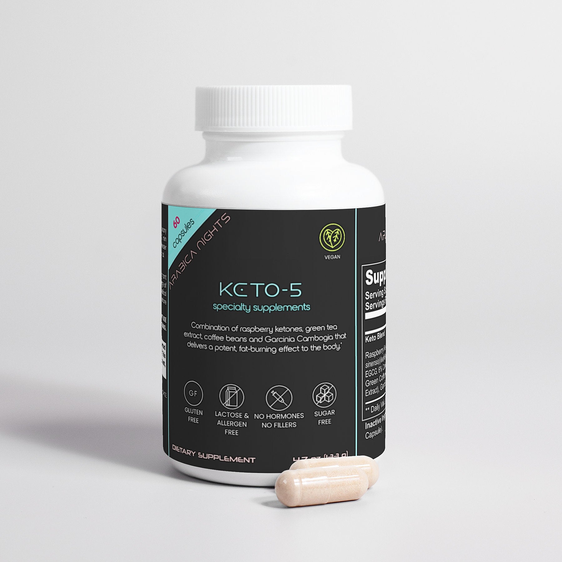 Keto-5 supplement capsules front view + 2 capsules