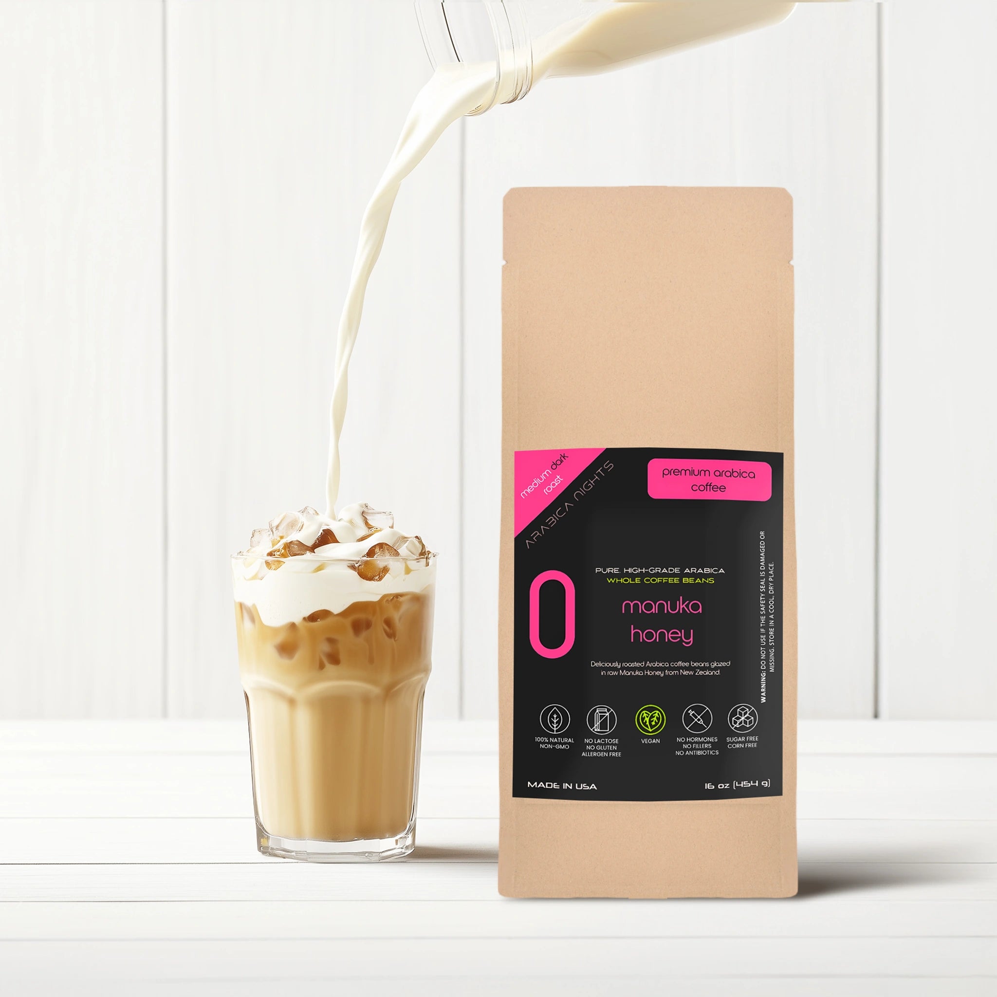 Grab a delicious ice coffee with our Manuka honey flavored organic arabica coffee