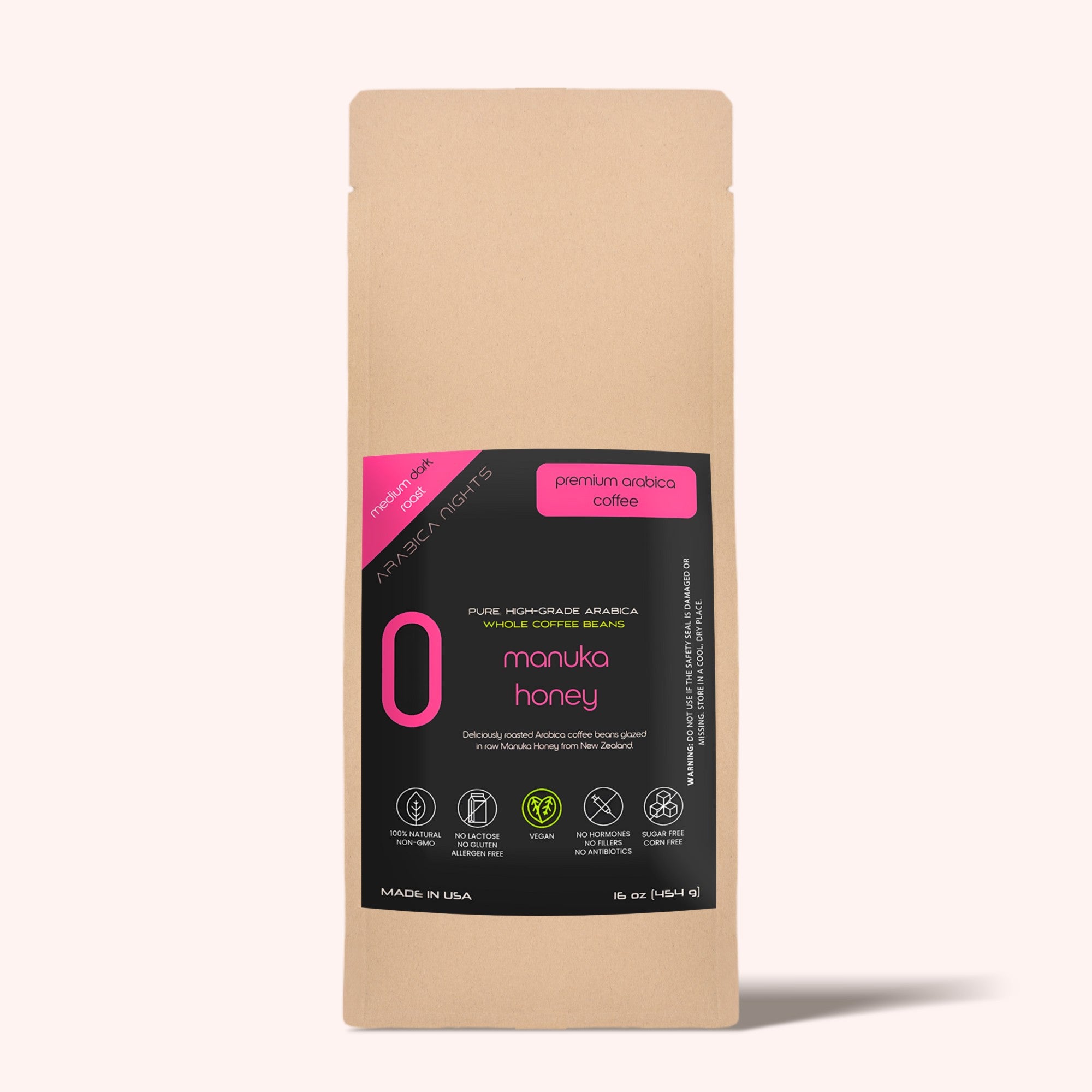 Deliciously roasted 16 oz bag of Arabica coffee beans, glazed in raw Manuka Honey from New Zealand.  