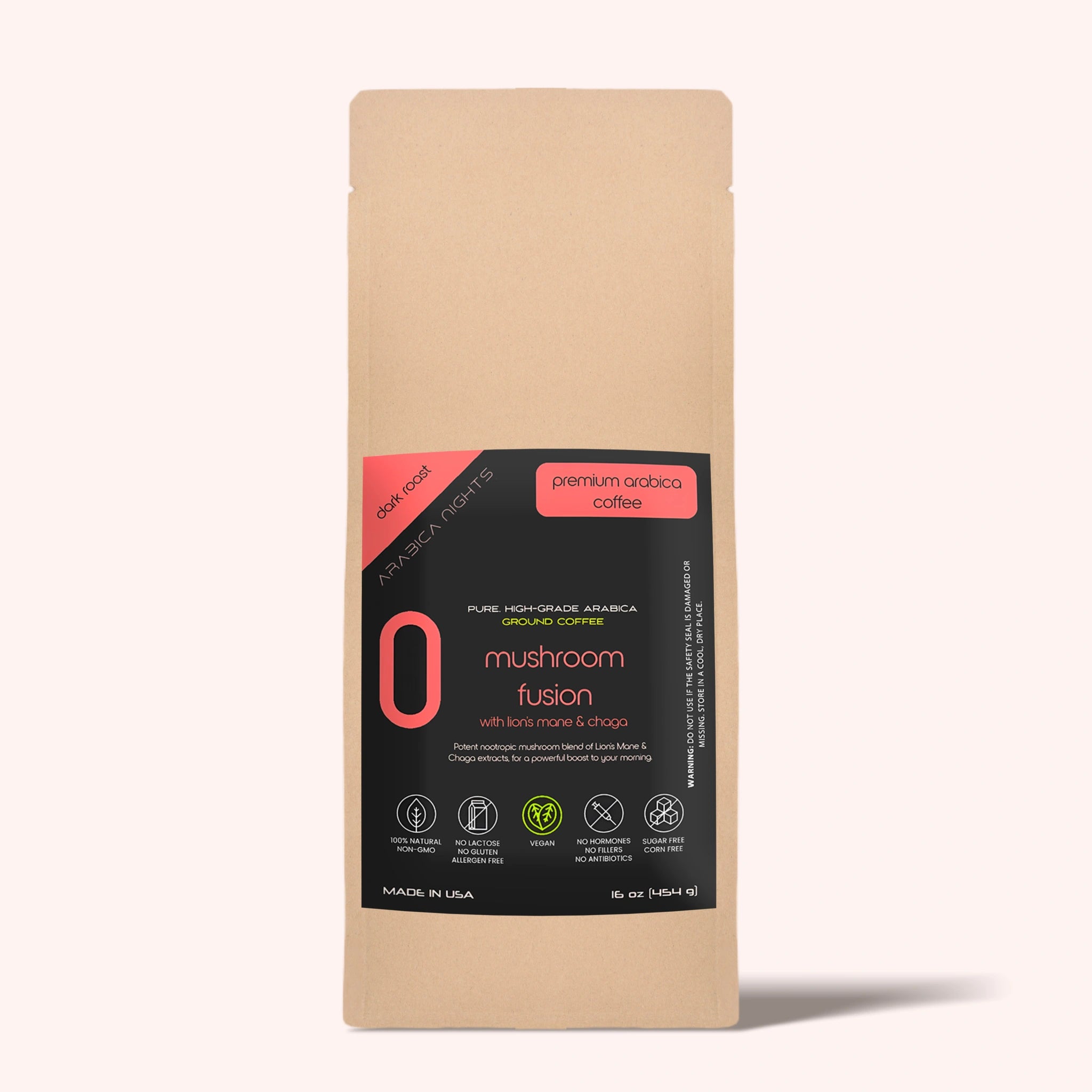 Dark-roasted Arabica ground coffee blended with Lions Mane and Chaga Mushroom powders for a powerful boost to your day.