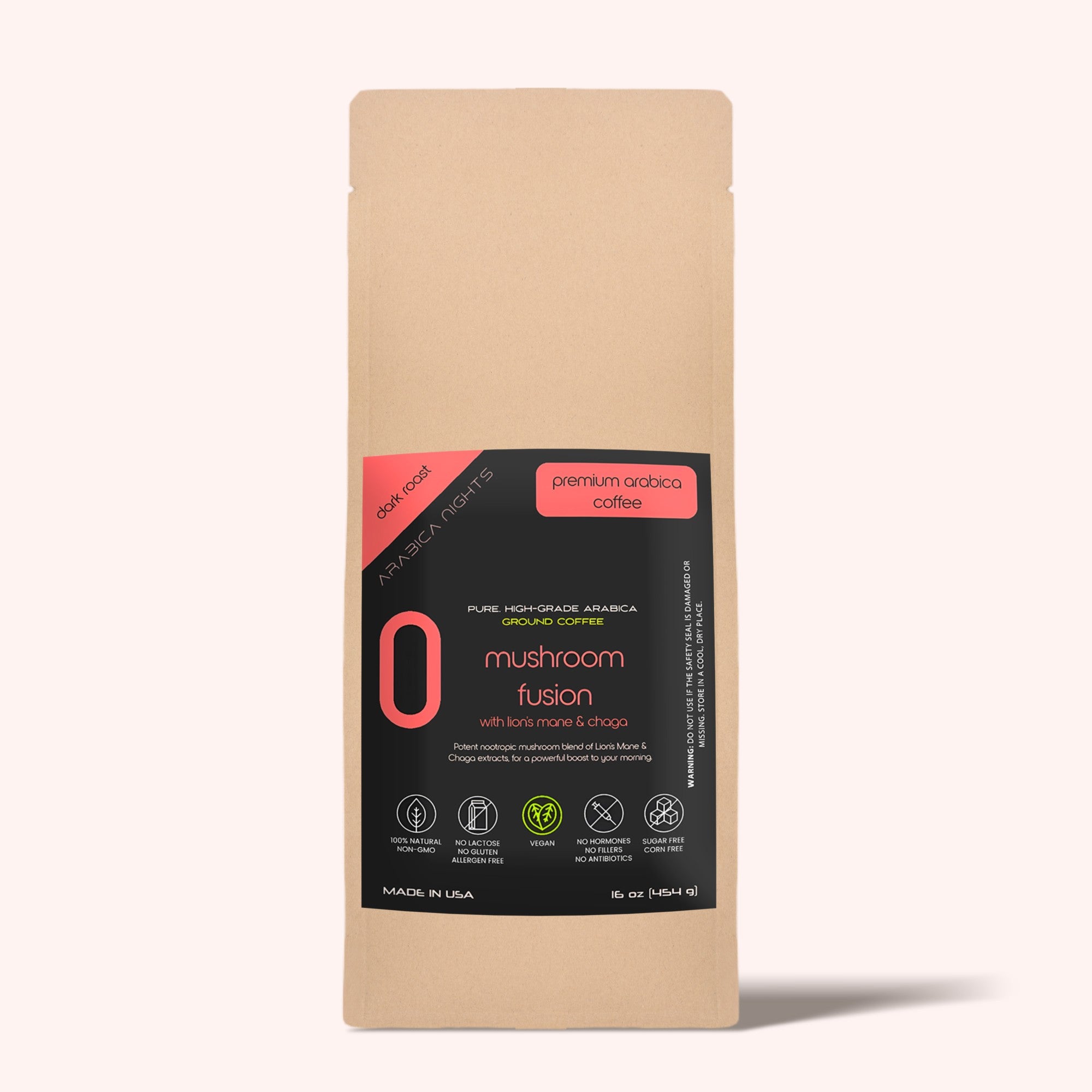 Dark-roasted Arabica ground coffee blended with Lions Mane and Chaga Mushroom powders in 16 oz bag.