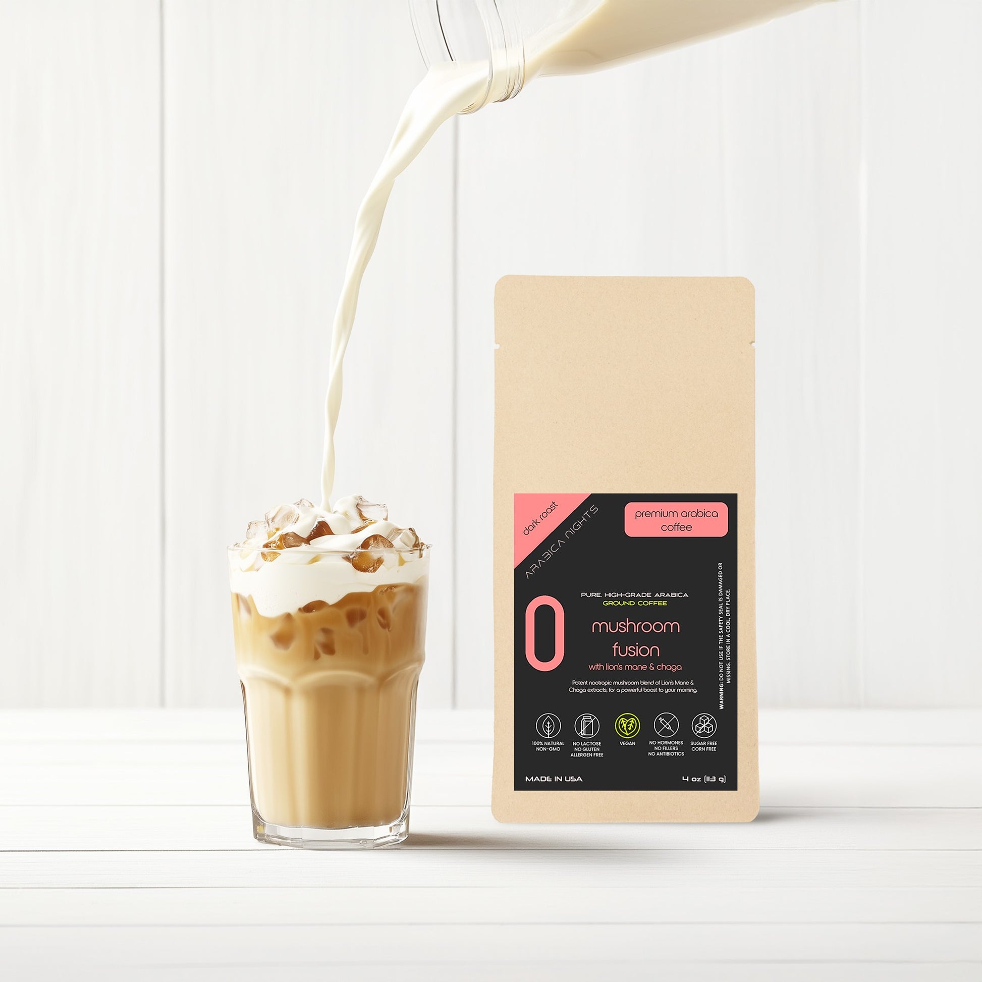 Grab one of our premium Arabica ground coffees blended with lion's mane and chaga mushroom powders, ice-coffee-style.